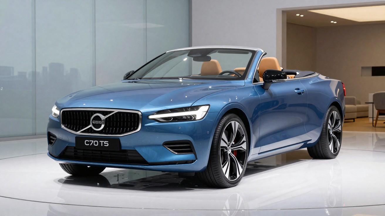 Blue Volvo C70 T5 convertible with tan leather seats displayed indoors on a shiny white floor.