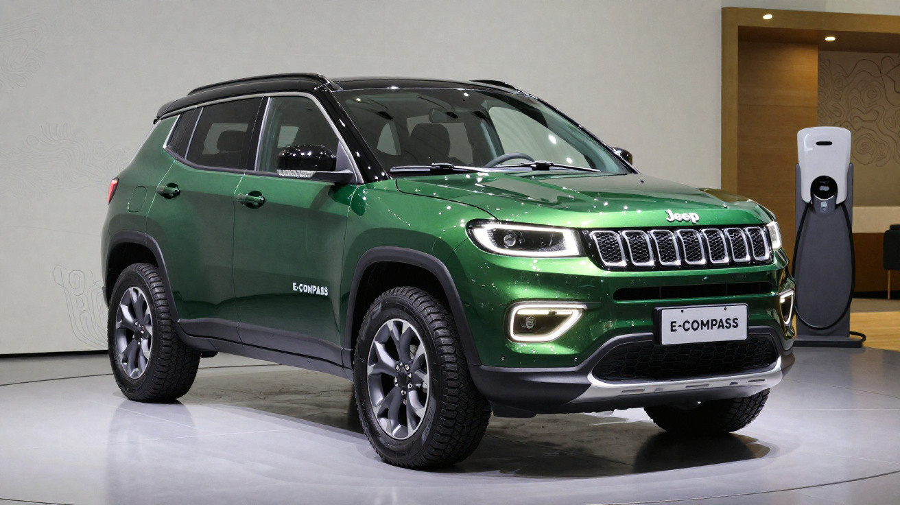 Green Jeep E-Compass electric SUV displayed indoors beside a charging station.