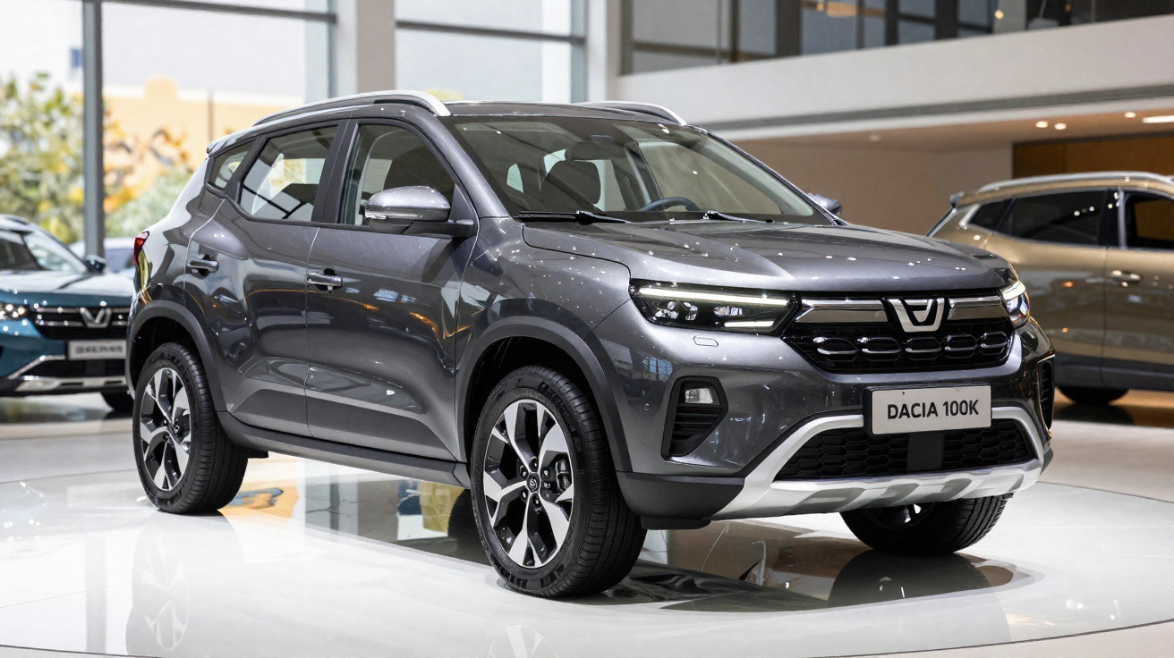 Grey Dacia 100K compact SUV displayed indoors with modern design and alloy wheels.