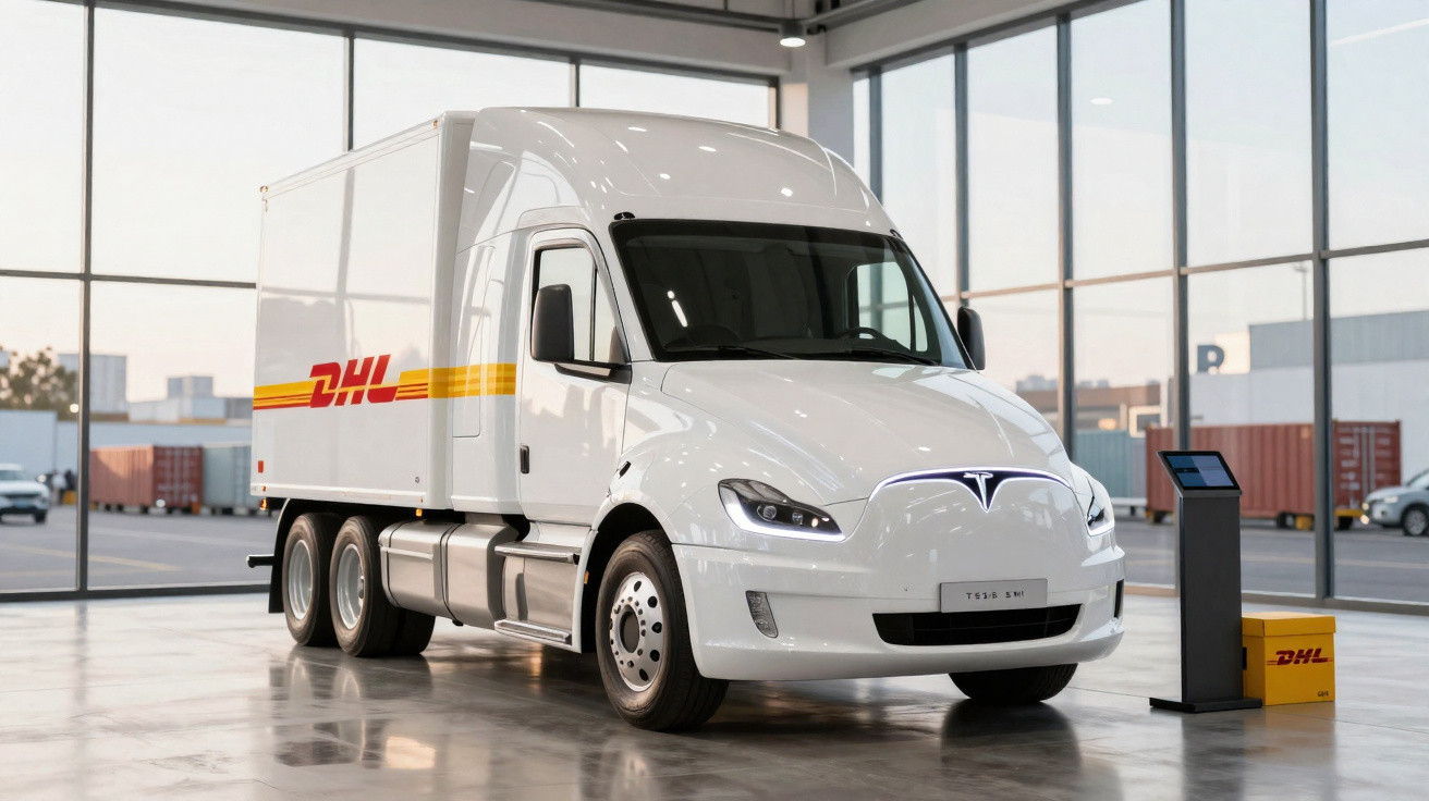 White Tesla semi-truck branded with DHL logo inside a modern warehouse with large windows and polished floor.
