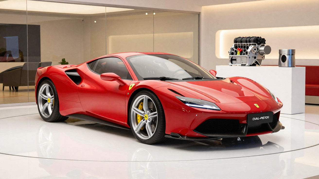 Red Ferrari sports car displayed indoors with engine model on pedestal in background.