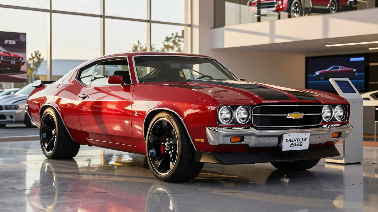 Red Chevrolet Chevelle muscle car with black racing stripes displayed in a showroom with reflections on the floor.