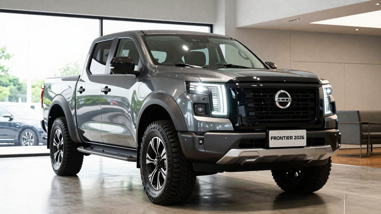 2026 dark grey Nissan Frontier pickup truck displayed indoors with LED headlights on.