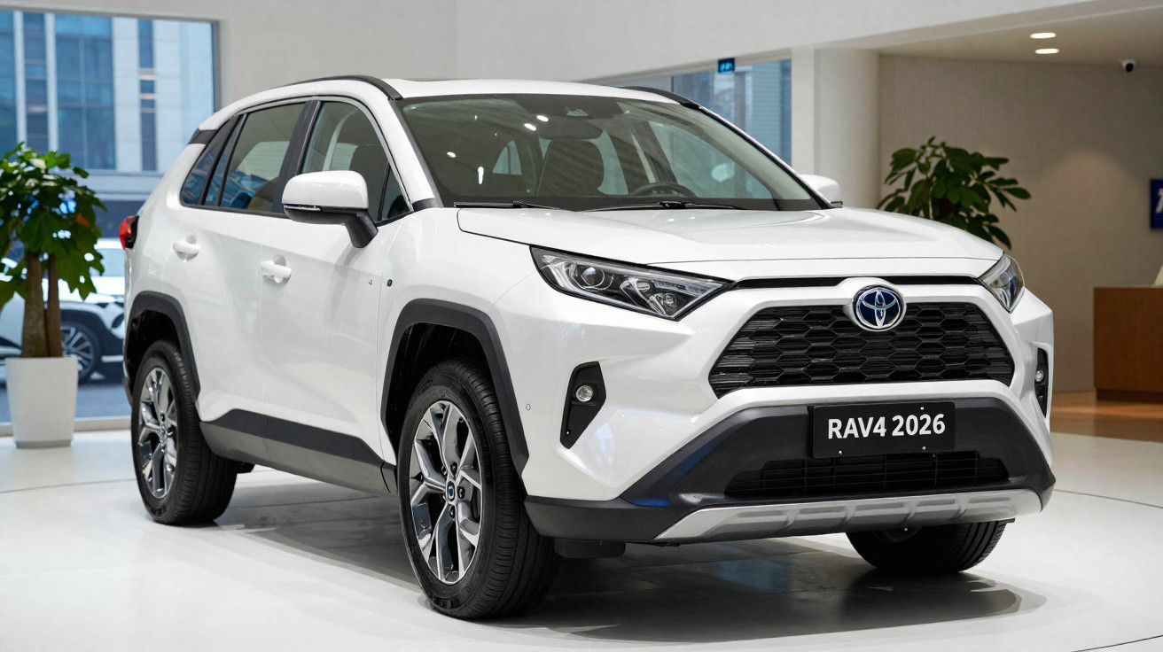 White 2026 Toyota RAV4 SUV displayed indoors with modern building windows in the background.