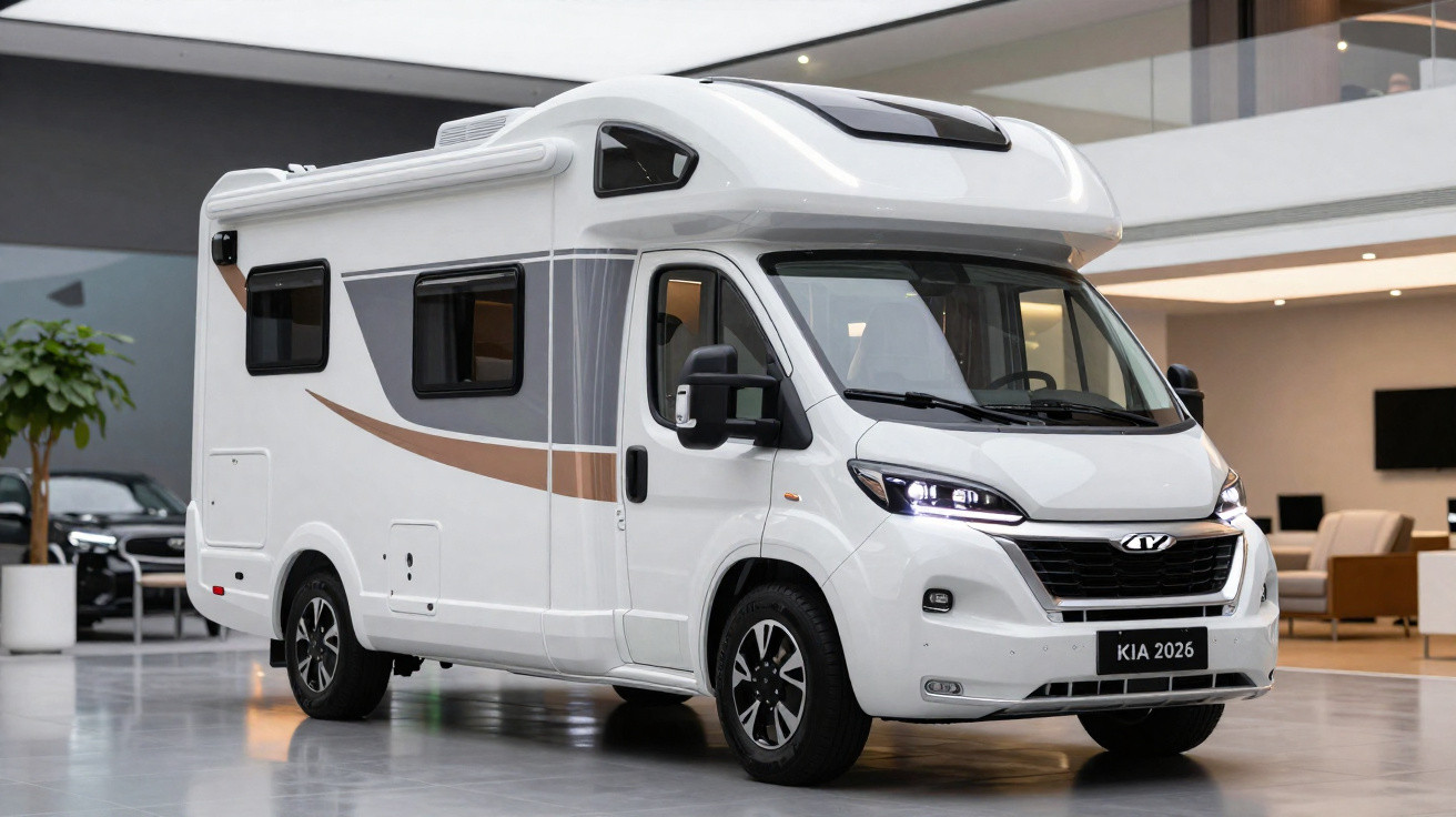 White KIA 2026 motorhome with grey and brown stripes parked inside a modern showroom.