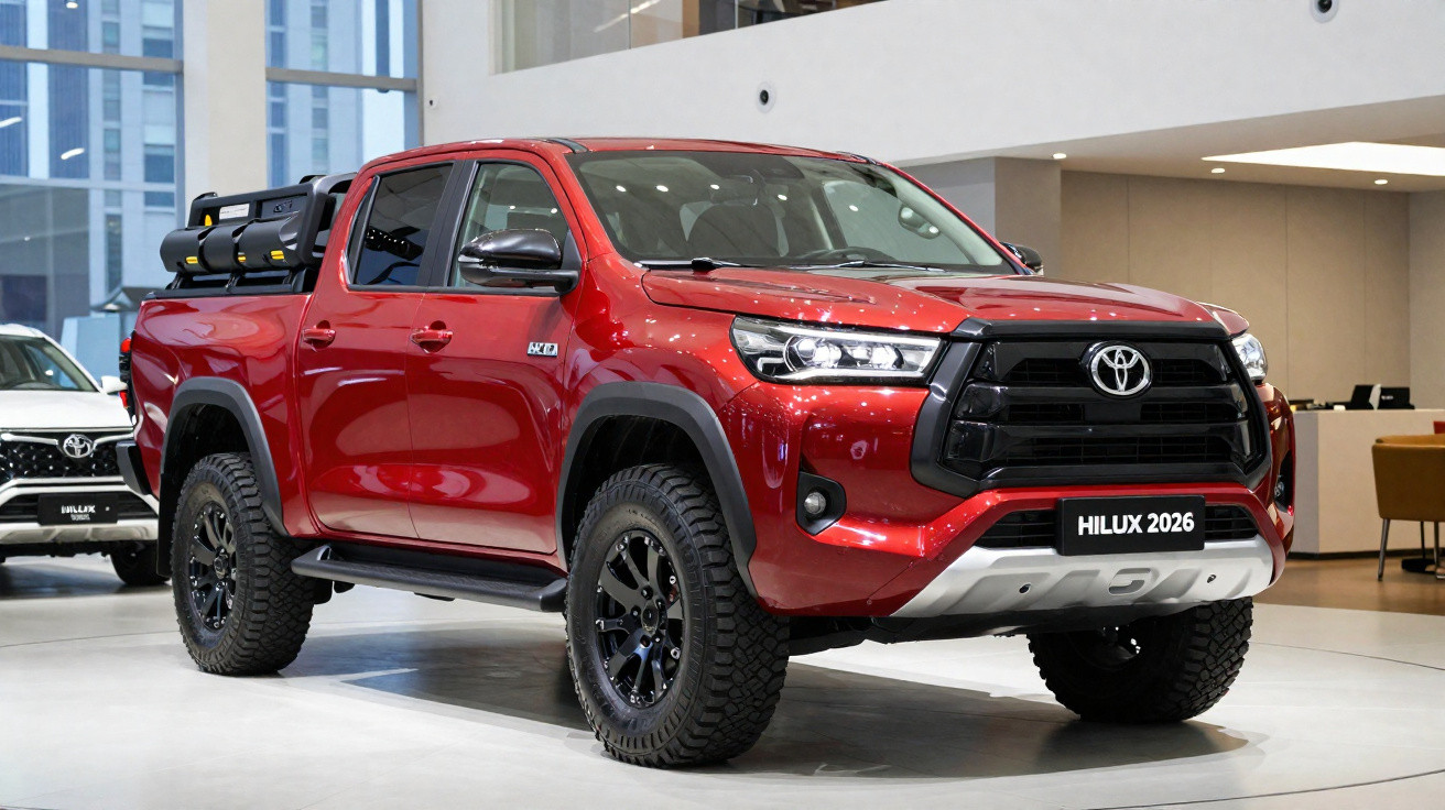 Red 2026 Toyota Hilux pickup truck with black grille and off-road tires displayed indoors