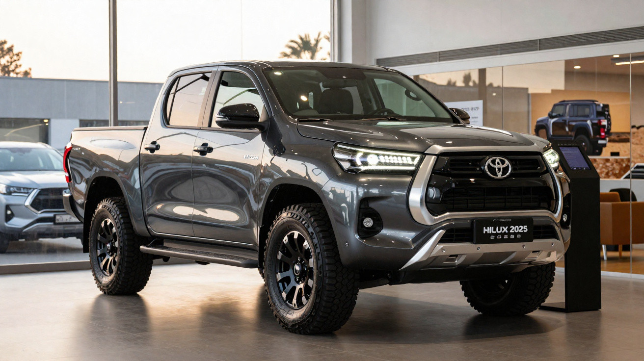 Grey Toyota Hilux 2025 pick-up truck displayed indoors with modern design and off-road tyres.