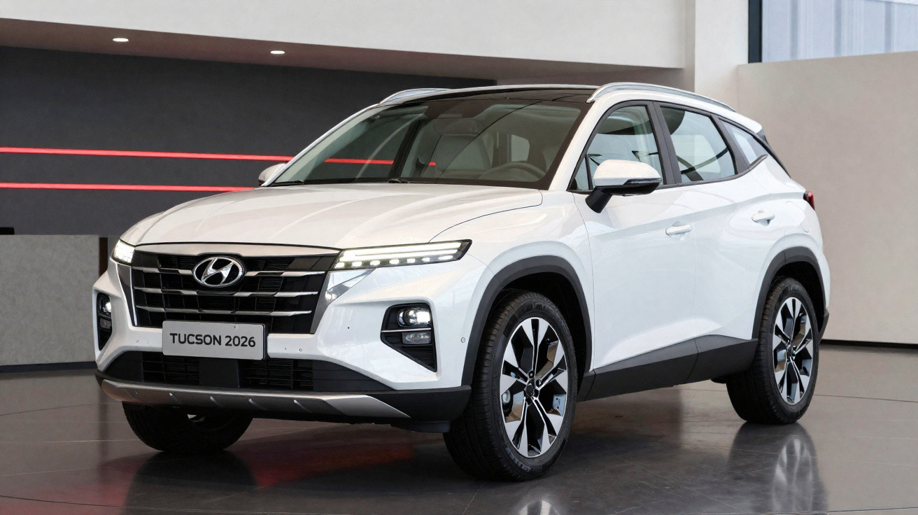White 2026 Hyundai Tucson SUV displayed indoors with modern headlights and alloy wheels.