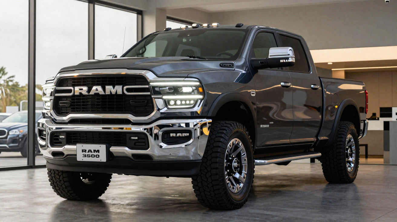 Black Ram 3500 heavy-duty pickup truck displayed indoors with chrome grille and rugged tires.