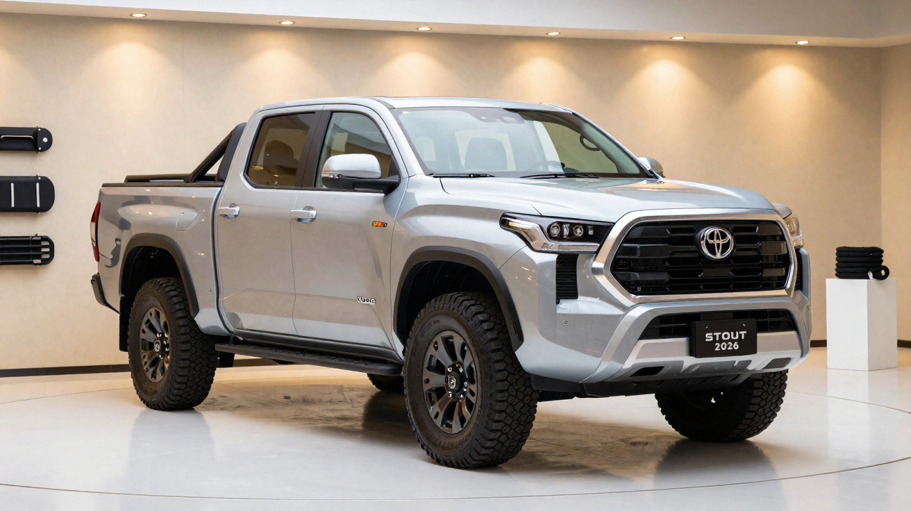 Silver Toyota Stout 2026 double cab pickup truck displayed indoors on a white circular platform.