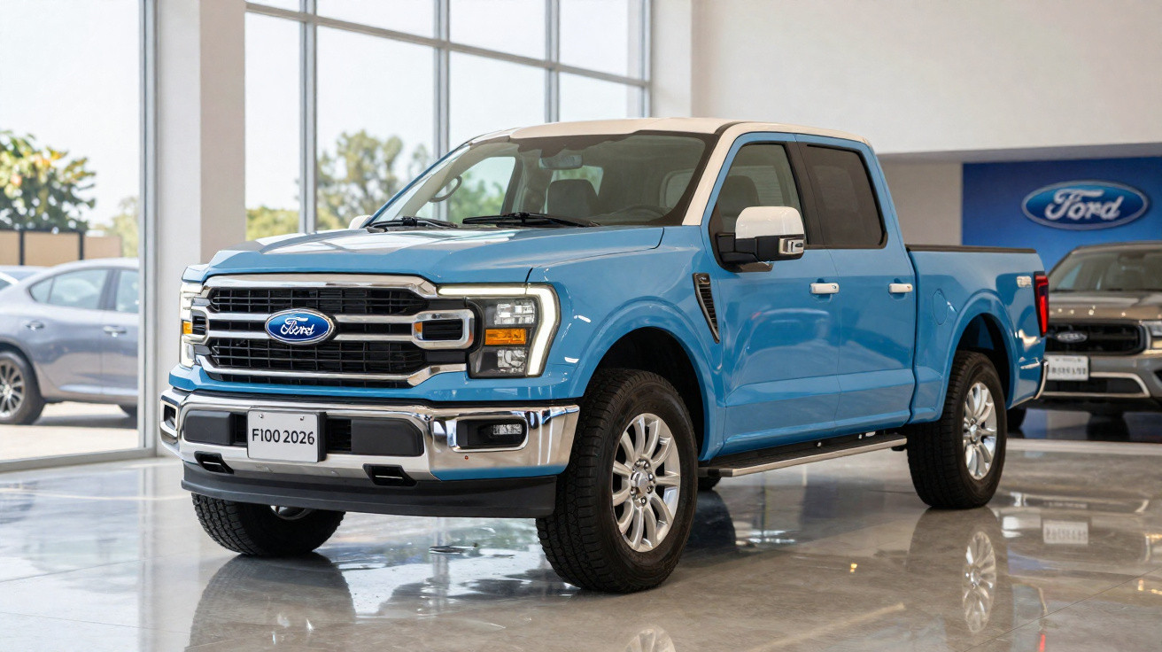 Blue and white Ford F-150 pickup truck displayed inside a showroom with large windows and shiny floor.