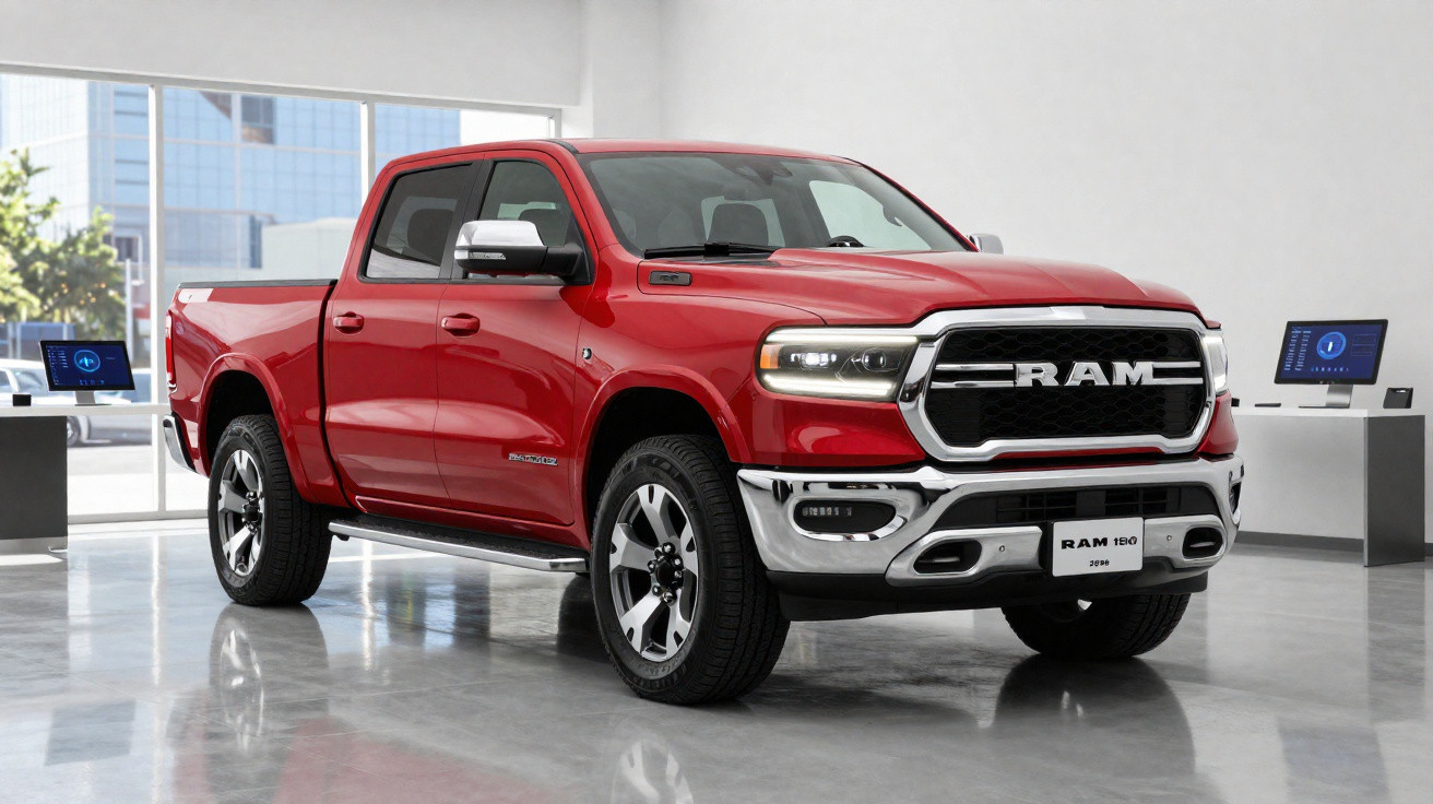 Red RAM 1500 pickup truck displayed indoors with reflective floor and large windows.
