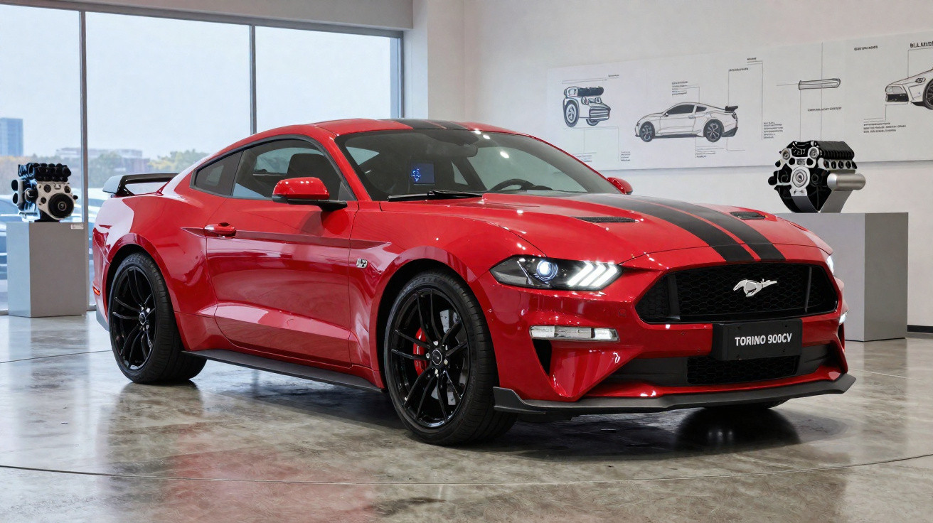 Red Ford Mustang Torino 900CV with black racing stripes on display in a modern showroom.