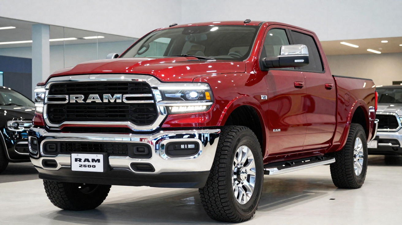 Red RAM 2500 pickup truck with chrome grille and large tyres displayed in a showroom.