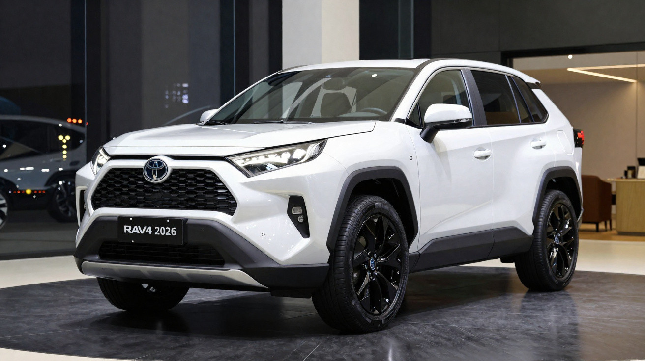 White 2026 Toyota RAV4 SUV showcased indoors with black alloy wheels and modern front design.