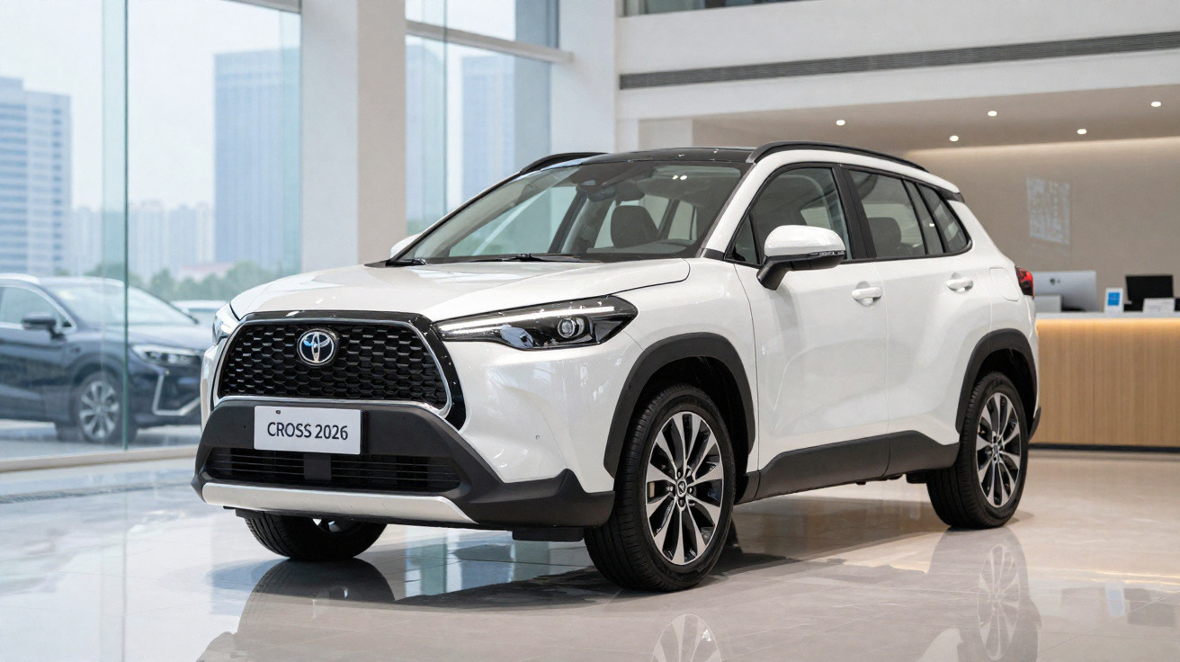 White 2026 Toyota Cross SUV displayed inside a modern showroom with large windows and city buildings outside.