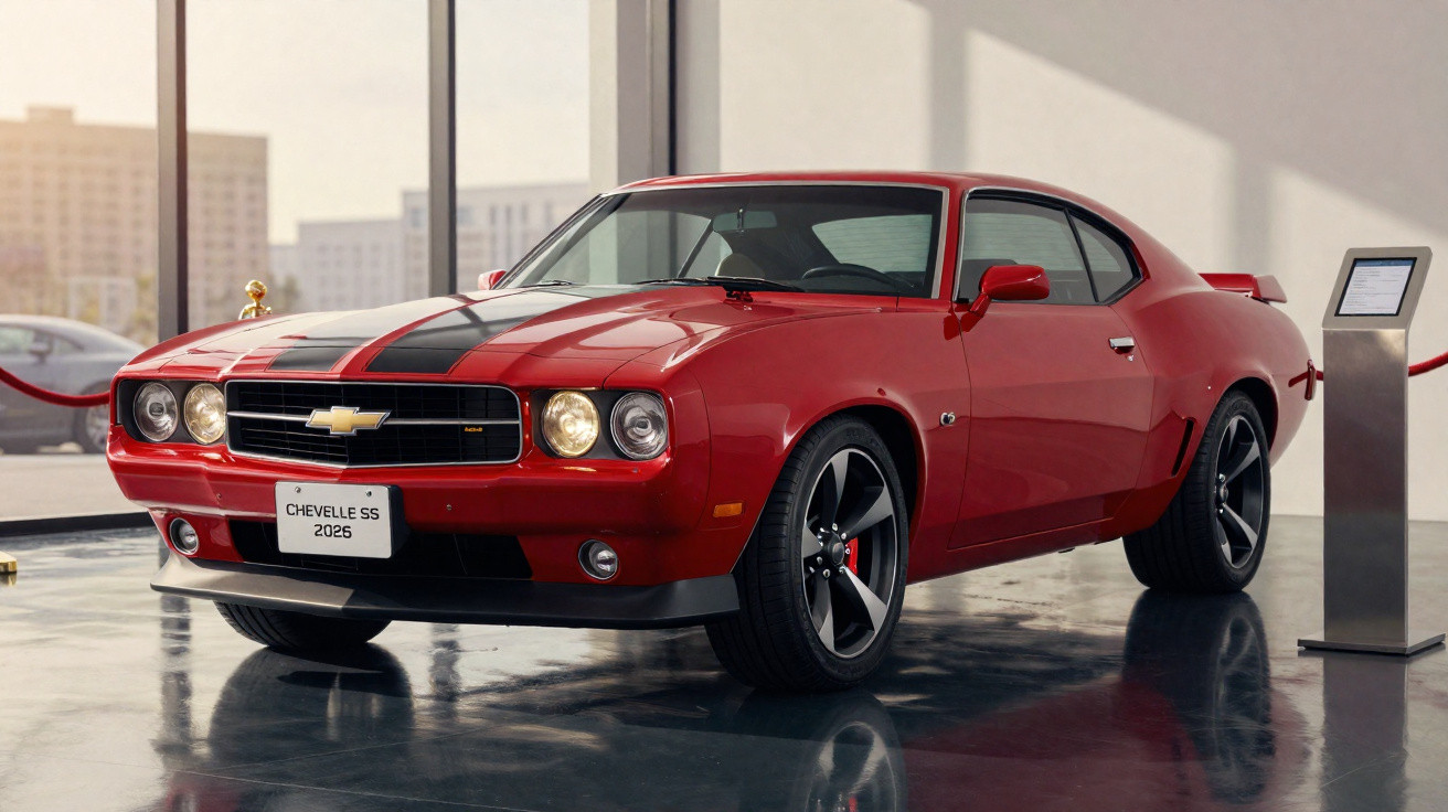 Red 2026 Chevrolet Chevelle SS classic muscle car with black racing stripes displayed indoors on shiny floor.