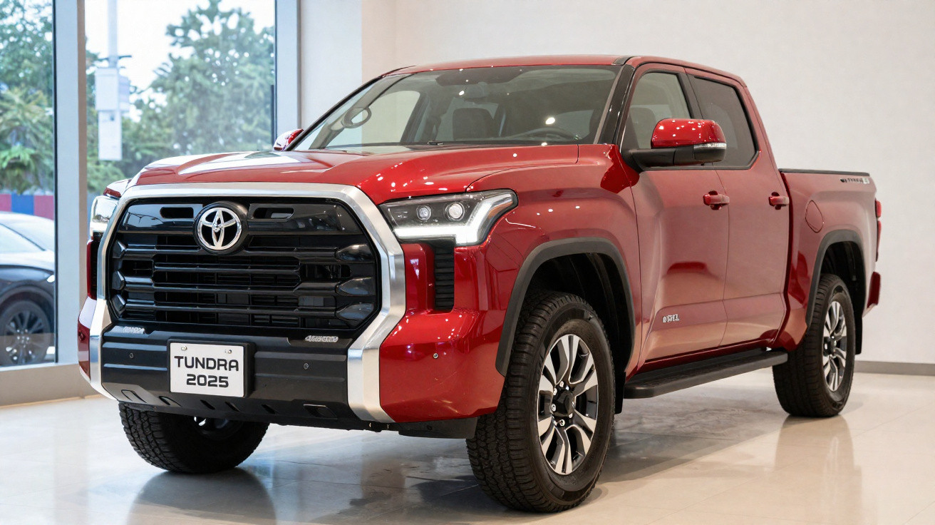 Red 2025 Toyota Tundra pickup truck displayed indoors with black grille and alloy wheels.