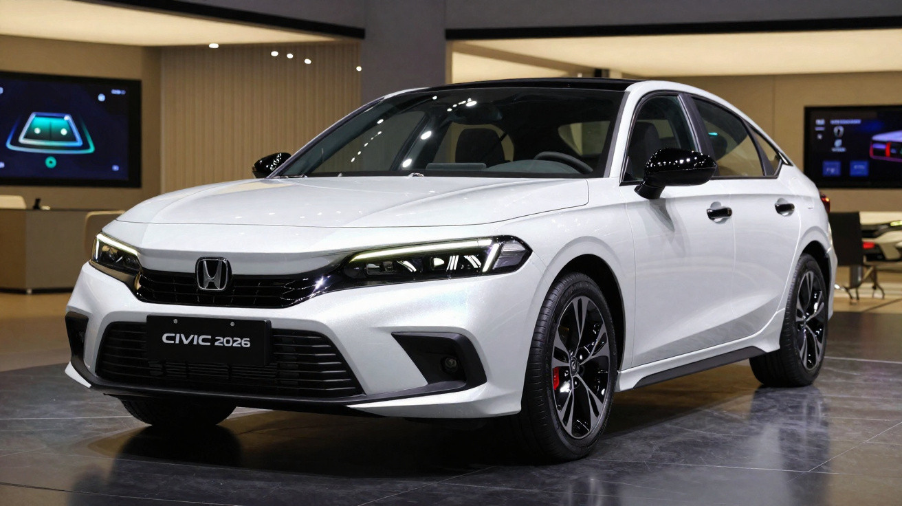 White 2026 Honda Civic sedan displayed indoors with black alloy wheels and modern LED headlights.