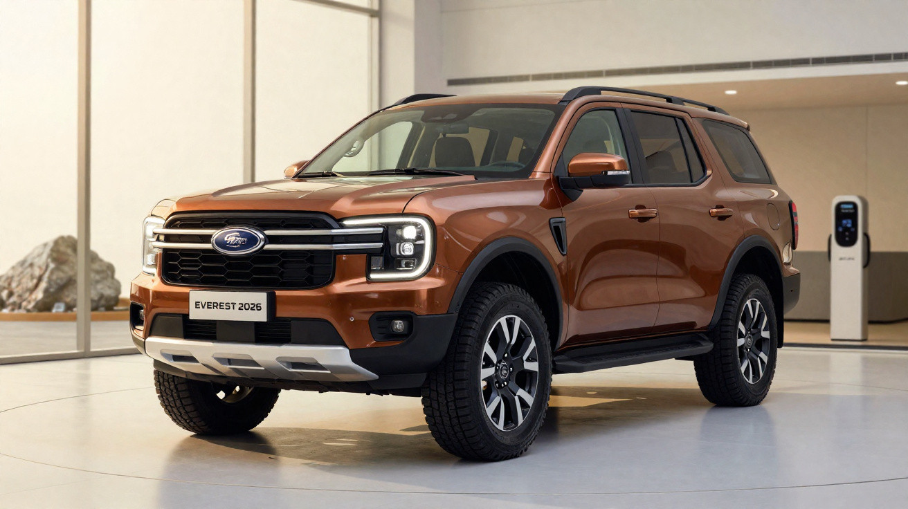 Copper-coloured 2026 Ford Everest SUV displayed indoors with black trim and roof rails, next to an electric charging station.