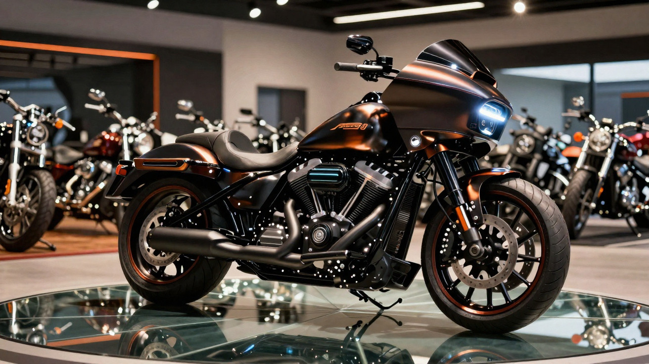 Black and orange custom cruiser motorcycle displayed on a glass platform in a showroom with other bikes in background.