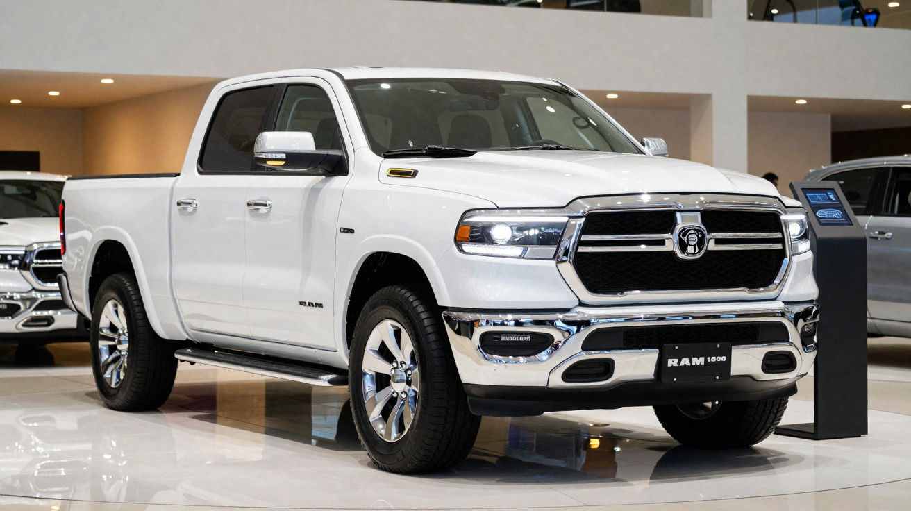 White Ram 1500 pickup truck displayed indoors with chrome accents and modern headlights.
