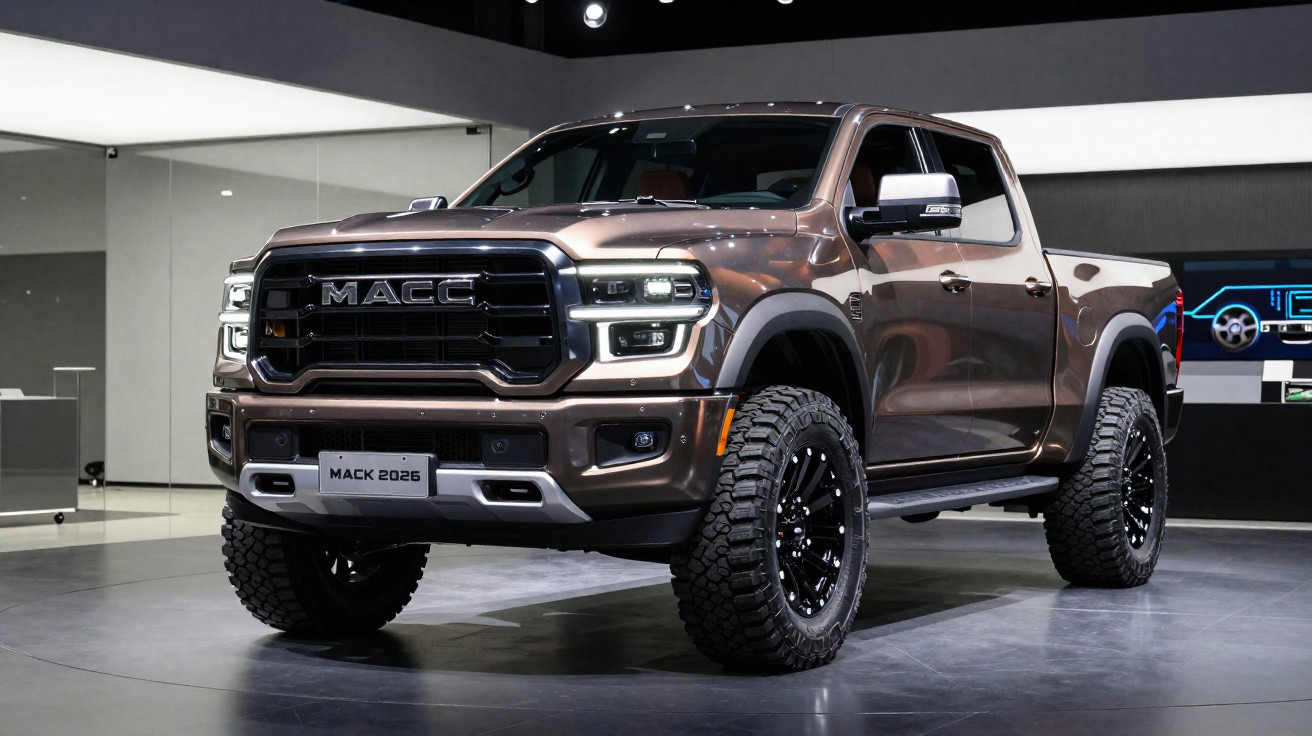 Brown Mack 2026 pickup truck with large off-road tyres displayed indoors