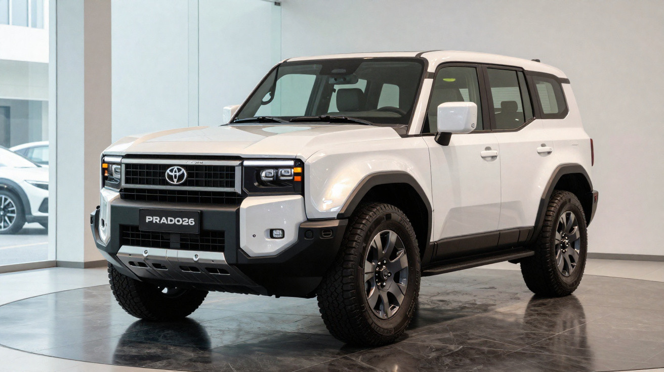 White Toyota Prado 26 SUV parked indoors on a shiny black floor with a plain white interior background.