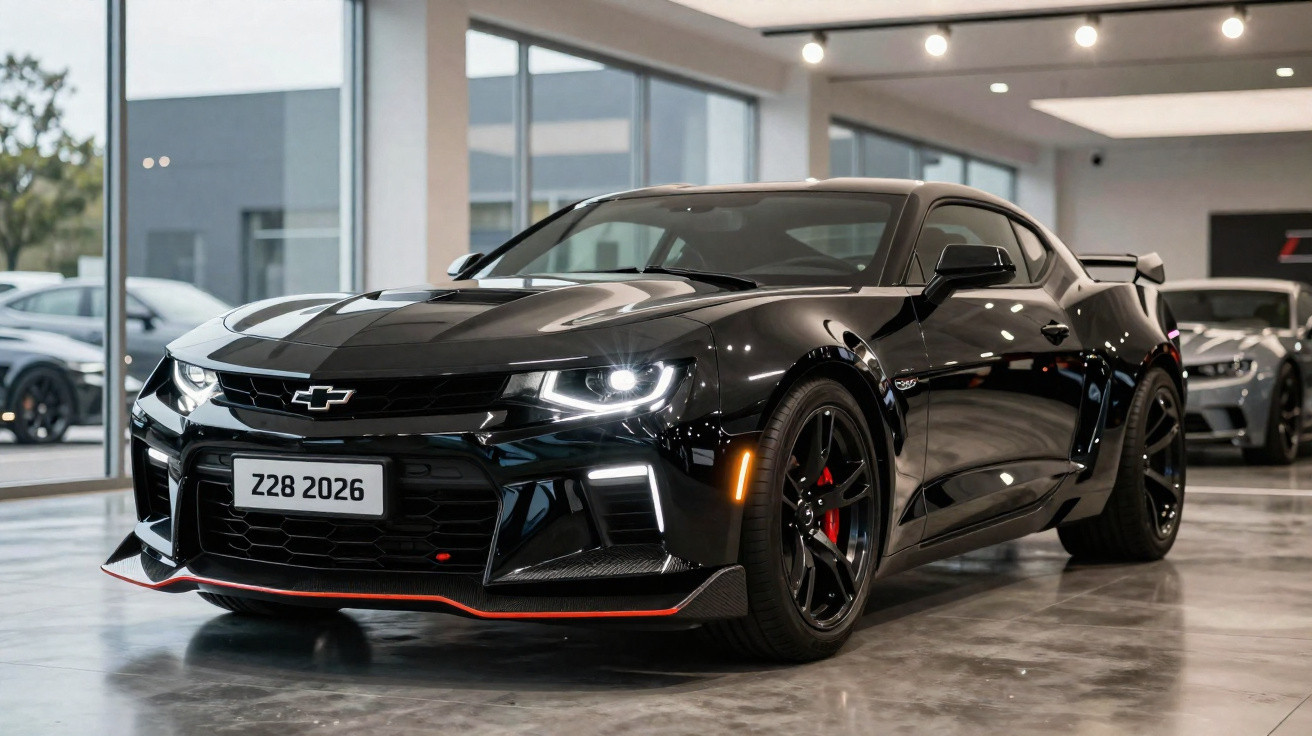 Sleek black Chevrolet Camaro sports car with illuminated headlights parked indoors on a polished concrete floor.