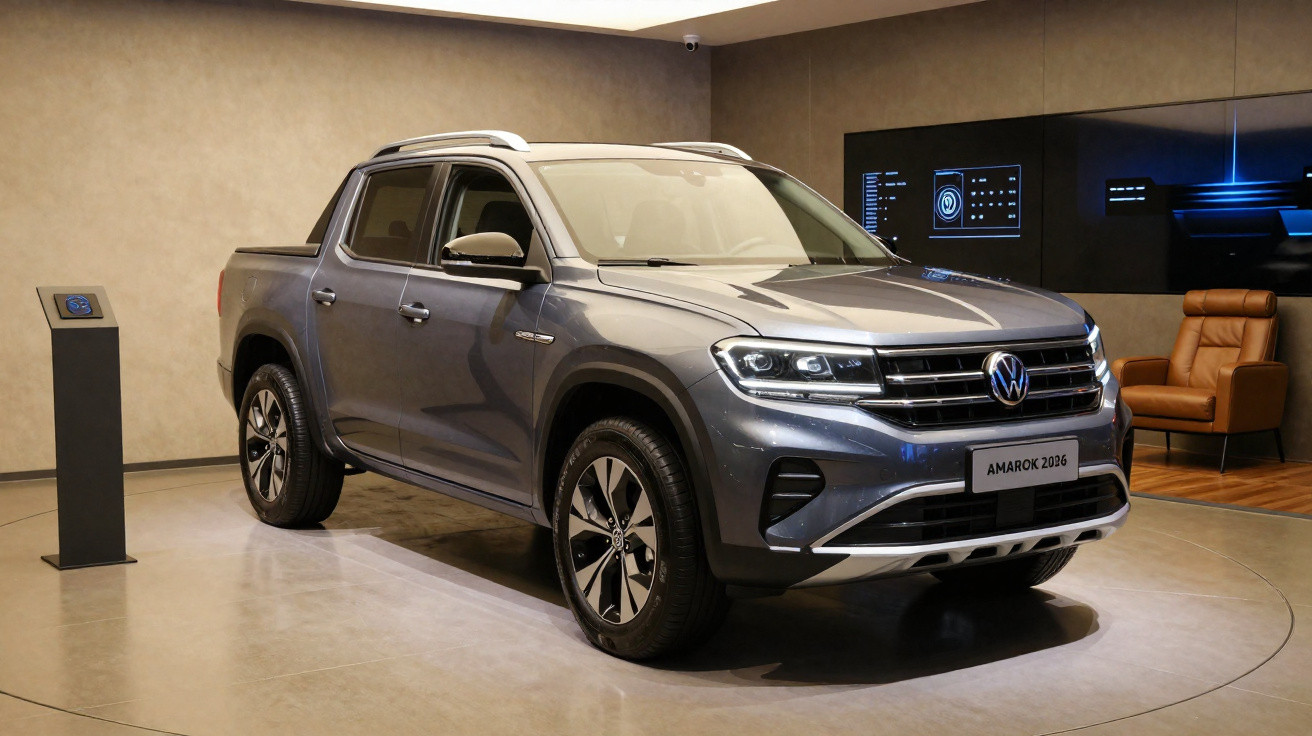 Silver Volkswagen Amarok 2026 pickup truck displayed indoors with beige walls and a brown armchair.