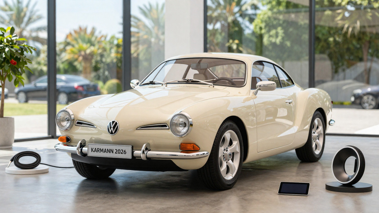 Cream Volkswagen Karmann 2026 electric classic car displayed indoors with charging station and digital tablet.