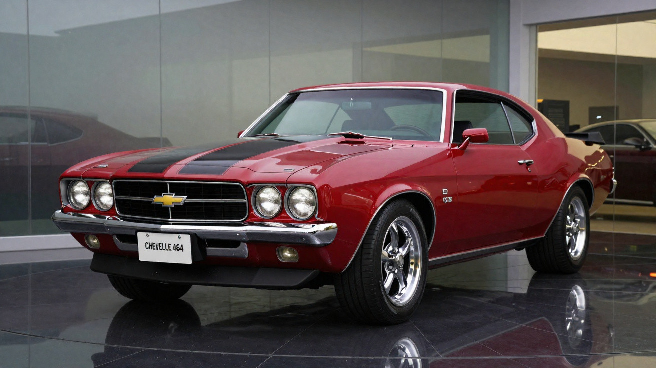 Red Chevrolet Chevelle 454 classic muscle car with black racing stripes displayed indoors on a shiny floor.