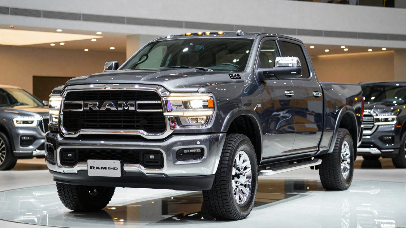 Grey RAM 2500 heavy-duty pickup truck displayed indoors with modern vehicles in the background.
