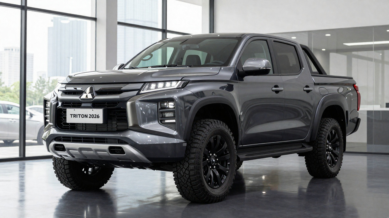 Grey 2026 Mitsubishi Triton double cab pickup truck displayed indoors with black alloy wheels.