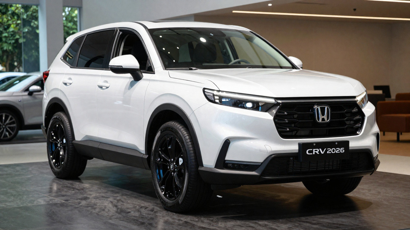 White 2026 Honda CR-V SUV displayed indoors with black grille and alloy wheels.