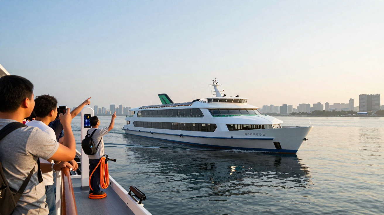 People on a ferry taking photos and waving at a passing passenger cruise ship on calm water at sunset.