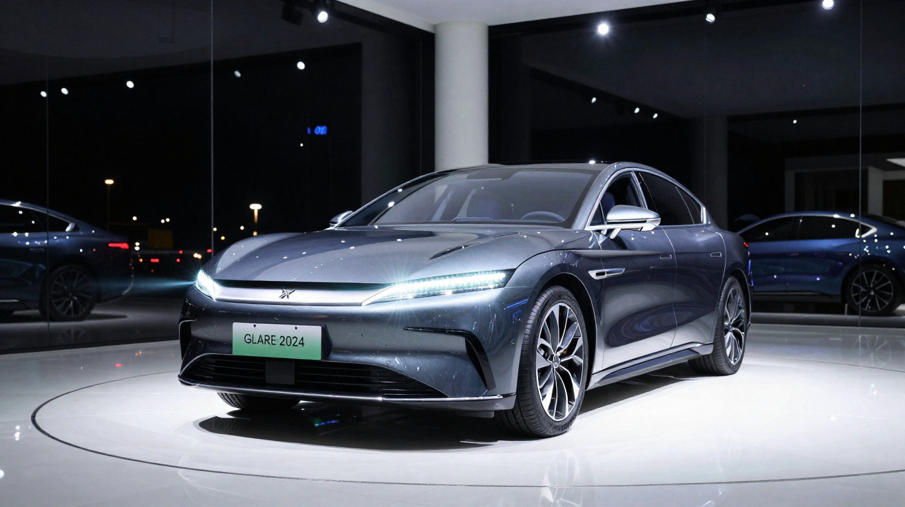 Sleek grey electric sedan with illuminated headlights on display in a glossy showroom at night.