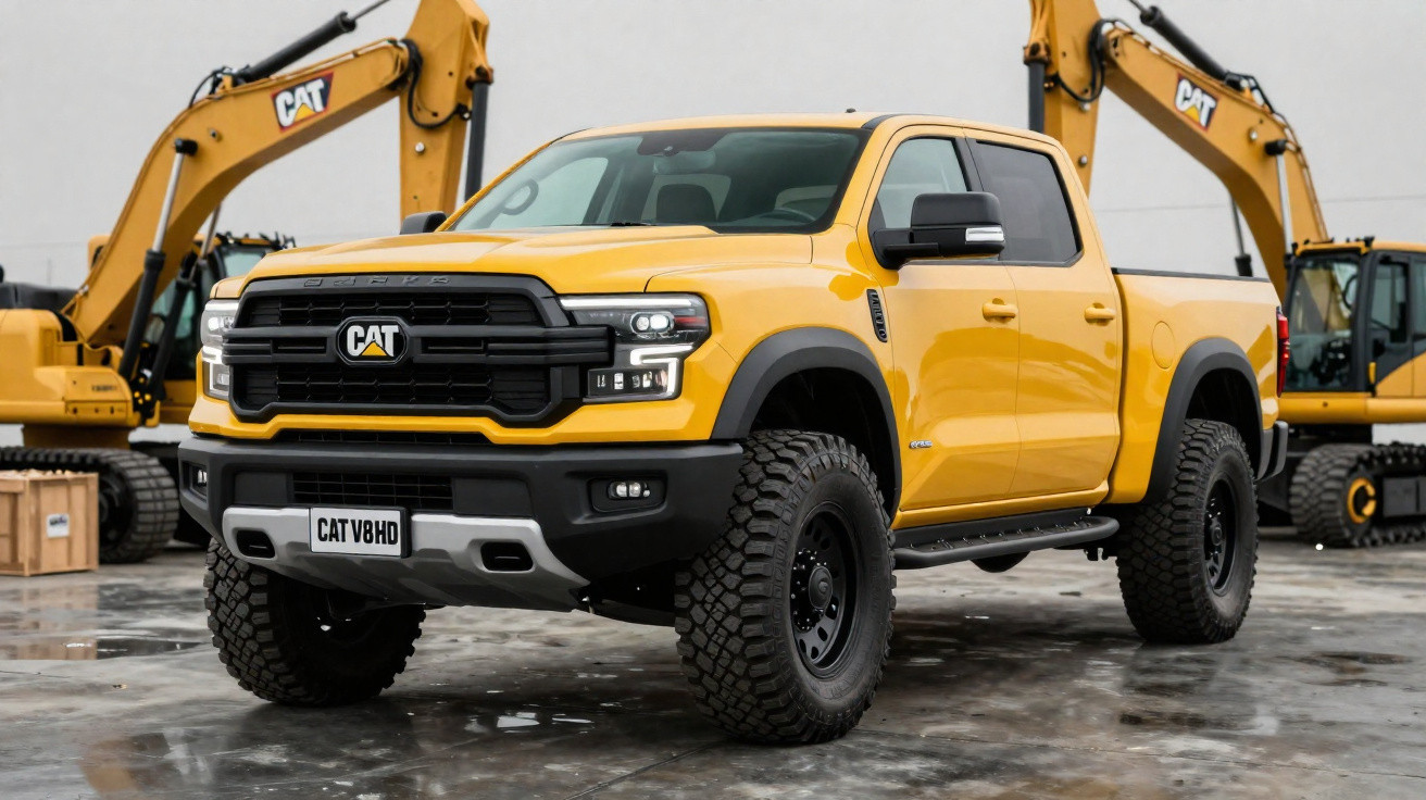 Yellow CAT-branded pickup truck parked on wet concrete with two CAT excavators in the background.