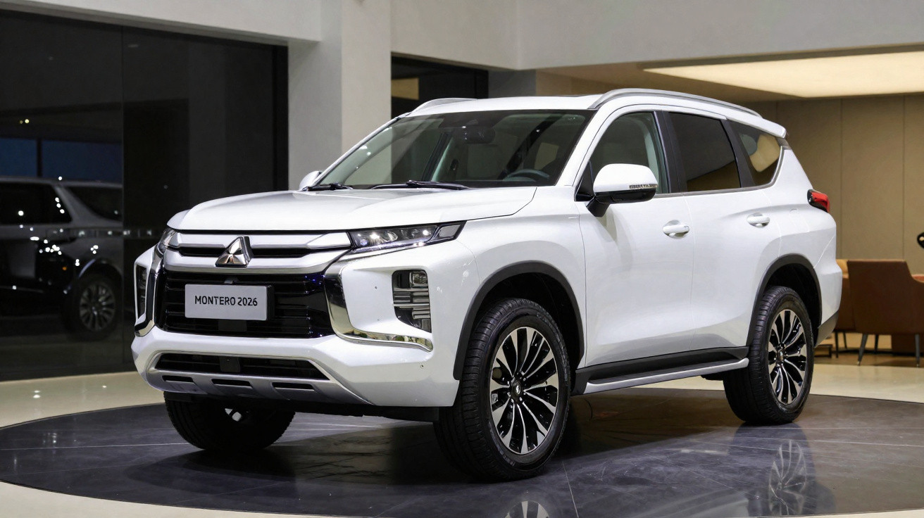 White 2026 Mitsubishi Montero SUV displayed in a showroom with modern interior and black alloy wheels.