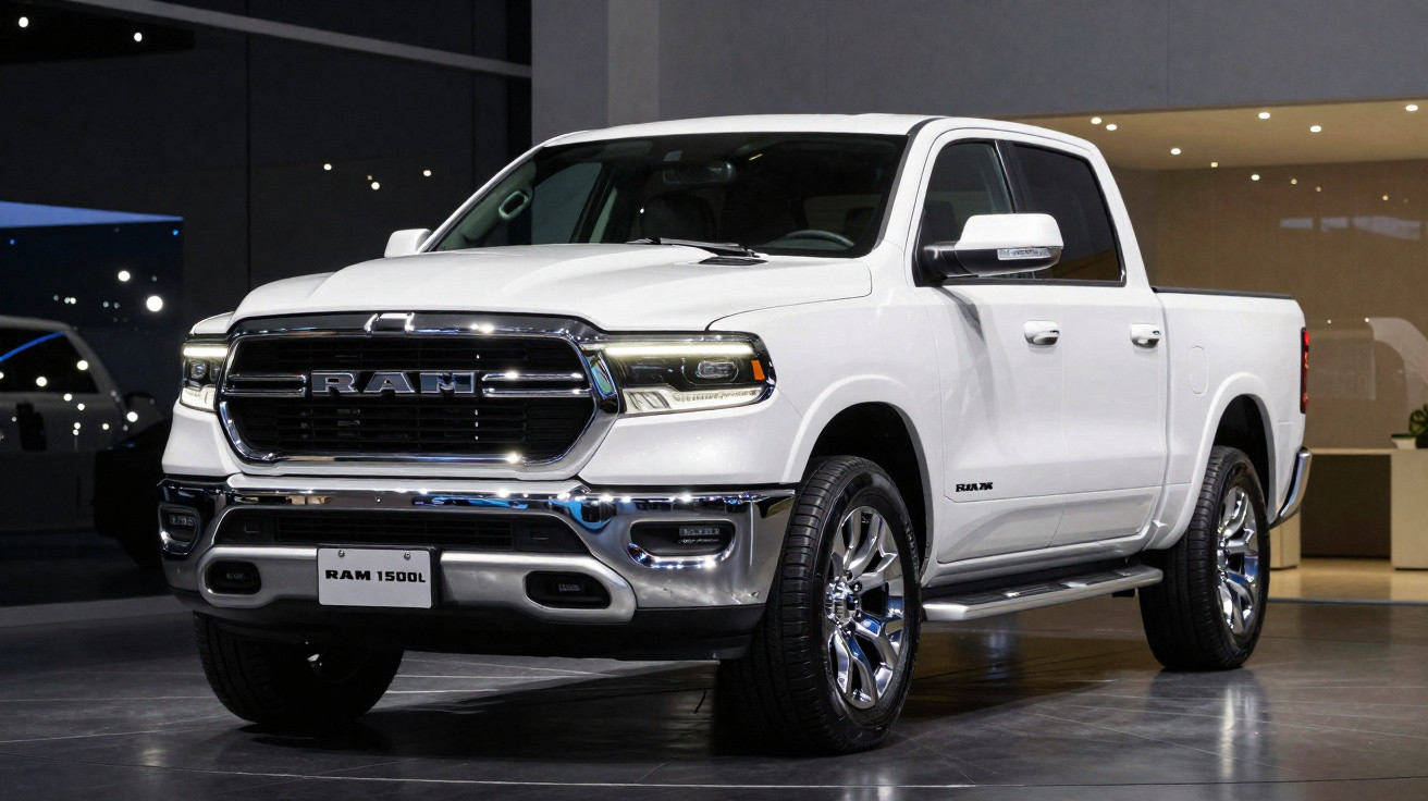 White RAM 1500L pickup truck displayed indoors with chrome accents and modern headlights.