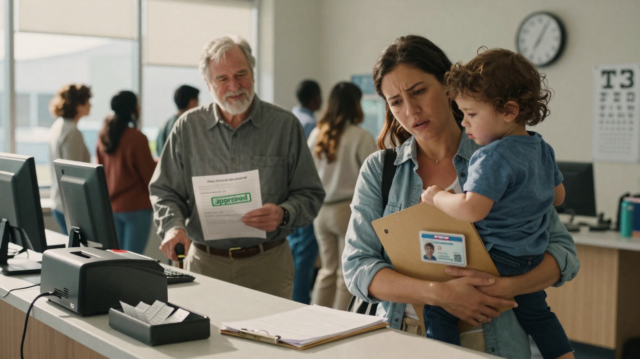 A concerned woman holding a child and documents stands in line at an office with other people waiting.