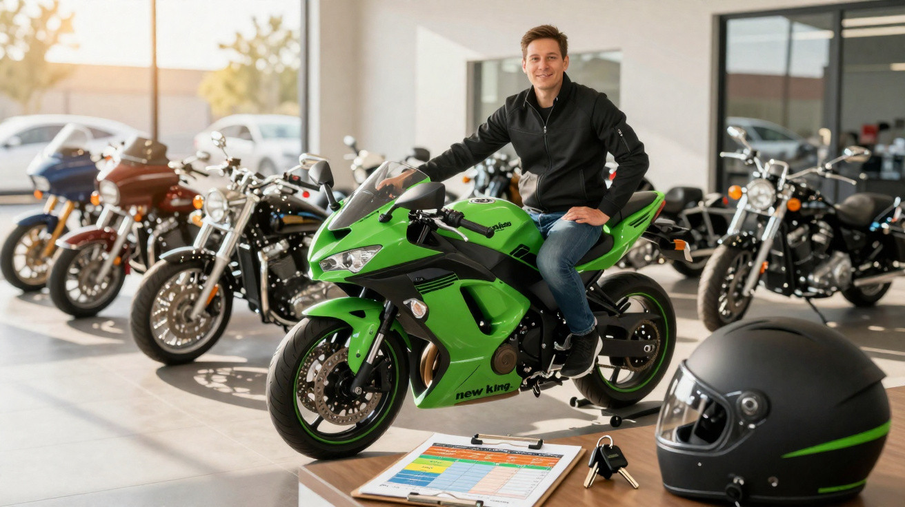 Man sitting on a green sports motorcycle in a showroom with a helmet and keys on a table nearby.