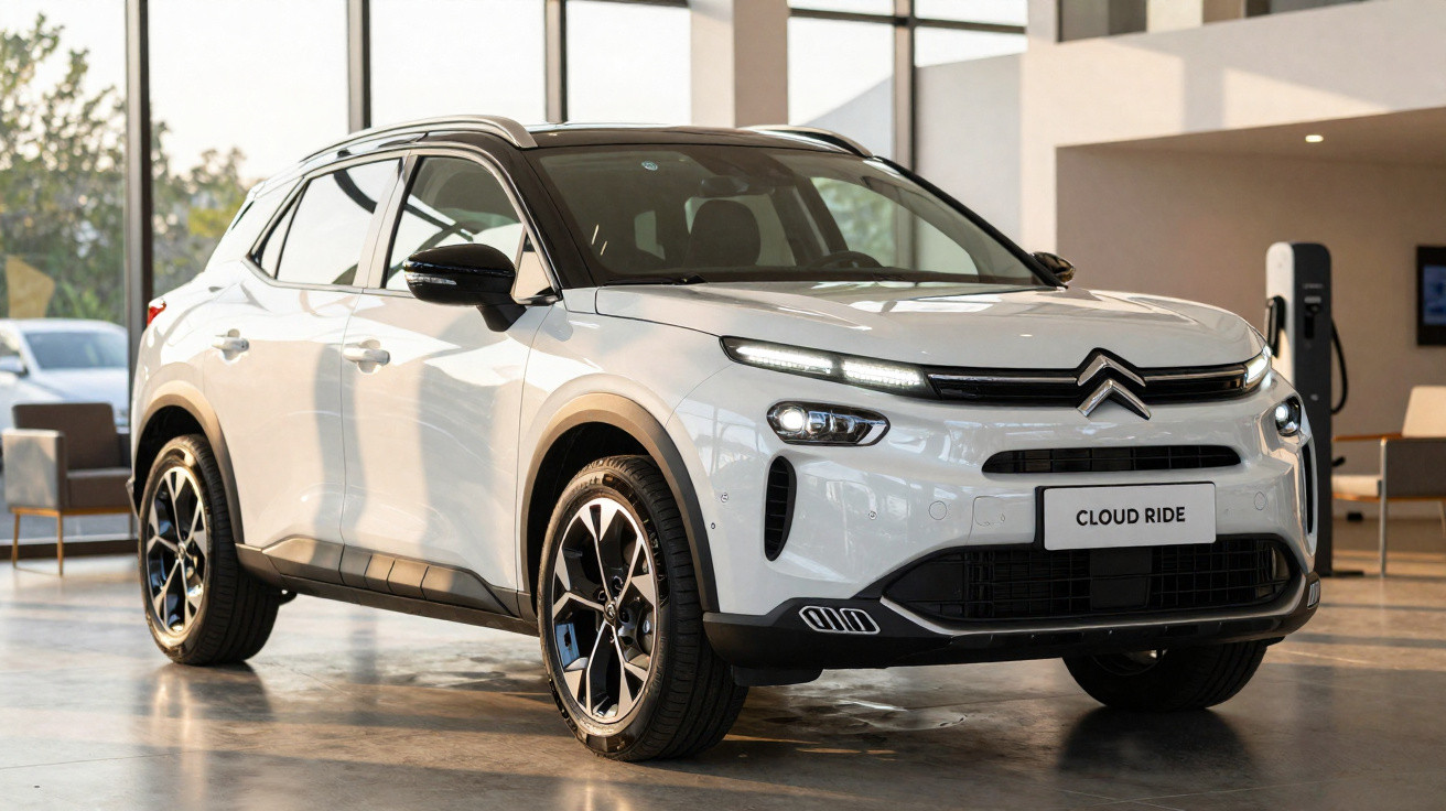 White Citroën Cloud Ride SUV displayed indoors with modern lighting and polished floor reflection.