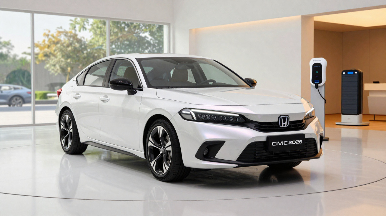 White Honda Civic 2026 sedan displayed indoors near electric vehicle charging station.
