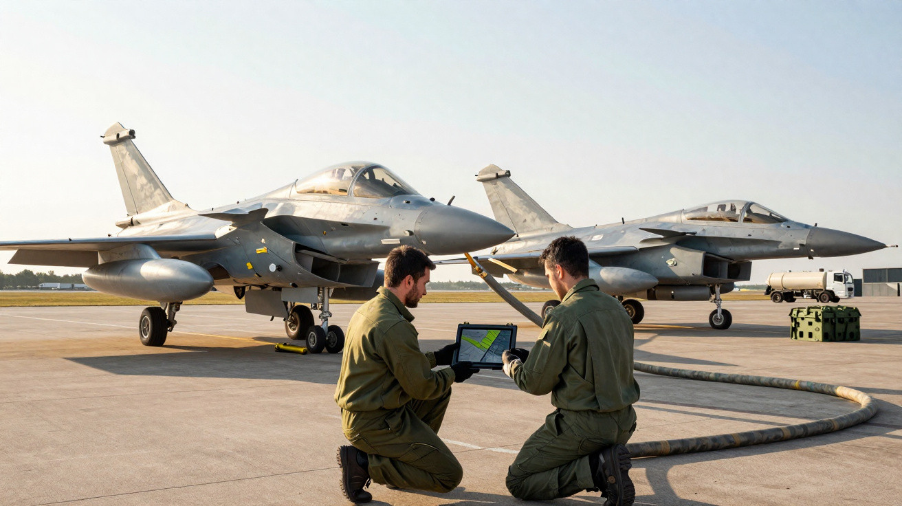 Two military personnel checking a tablet near two parked fighter jets on an airbase tarmac.