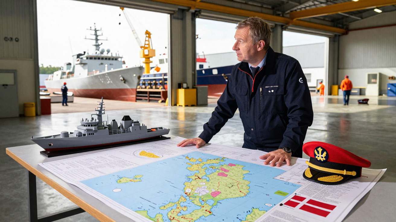 Man in navy uniform studying naval map and ship model in a large shipyard hangar with warships in the background.