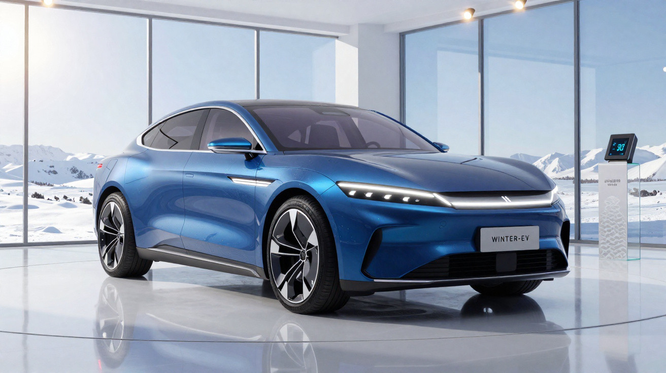 Blue electric sedan car displayed indoors with snowy mountains visible through large windows.