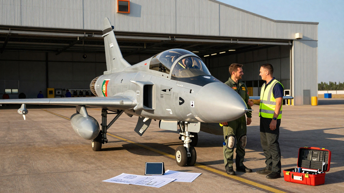 Military jet parked outside hangar with pilot and technician shaking hands beside tools and papers on ground.