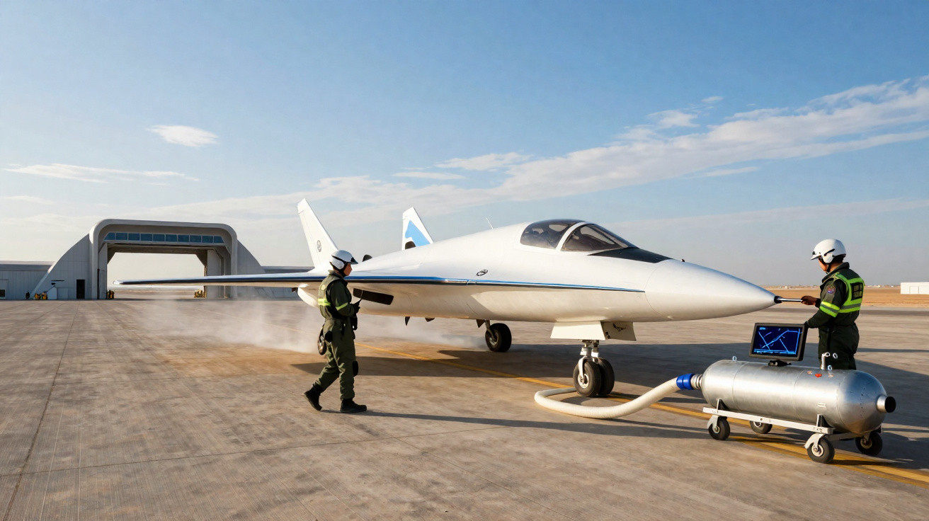 Two technicians in helmets examining a white jet aircraft on an airfield with blue skies above.