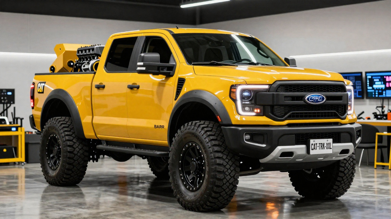 Yellow off-road pickup truck with large tyres and engine parts in the bed, inside a modern garage.